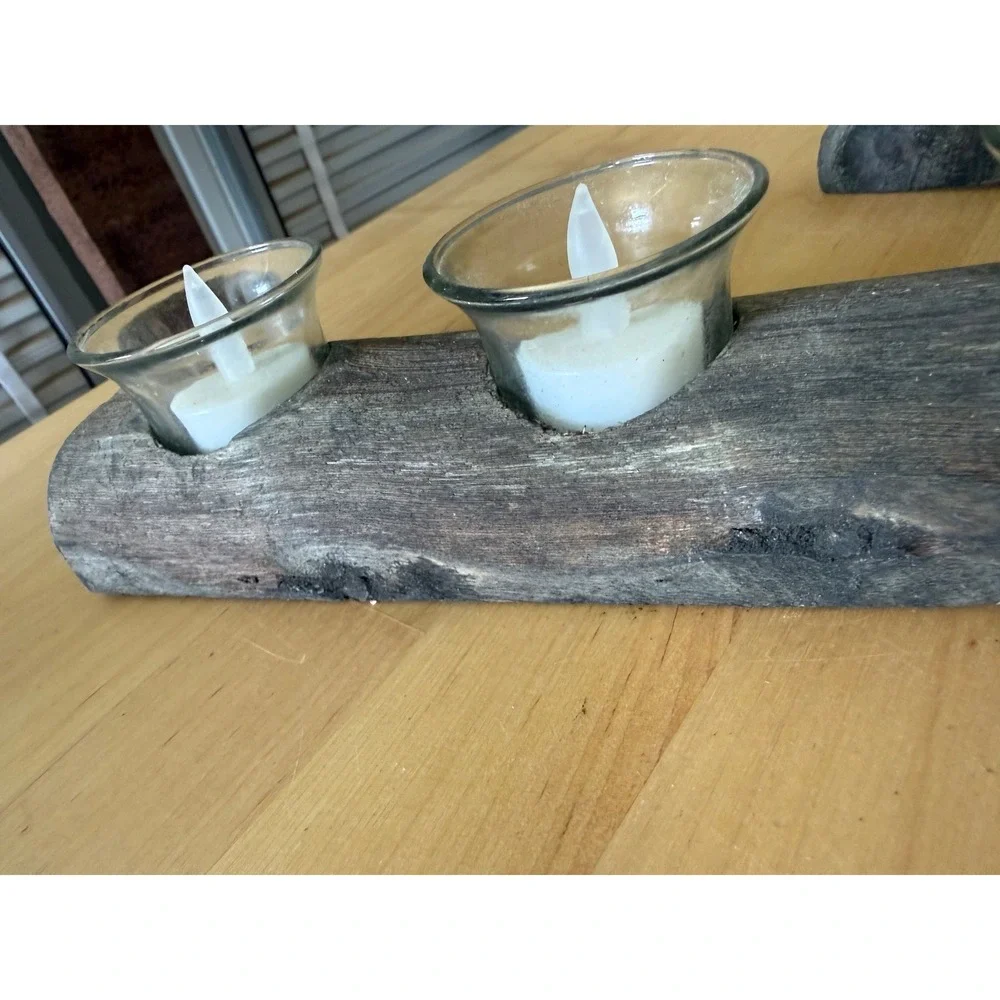 Rustic Reclaimed‎ Wood Triple Tealight Candle Holders Set of 2 Farmhouse Decor